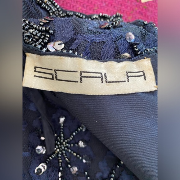 VTG SCALA NAVY BLUE BEADED EVENING GOWN DRIPPY HEM SEQUINED PS PETITE SMALL - Picture 11 of 12